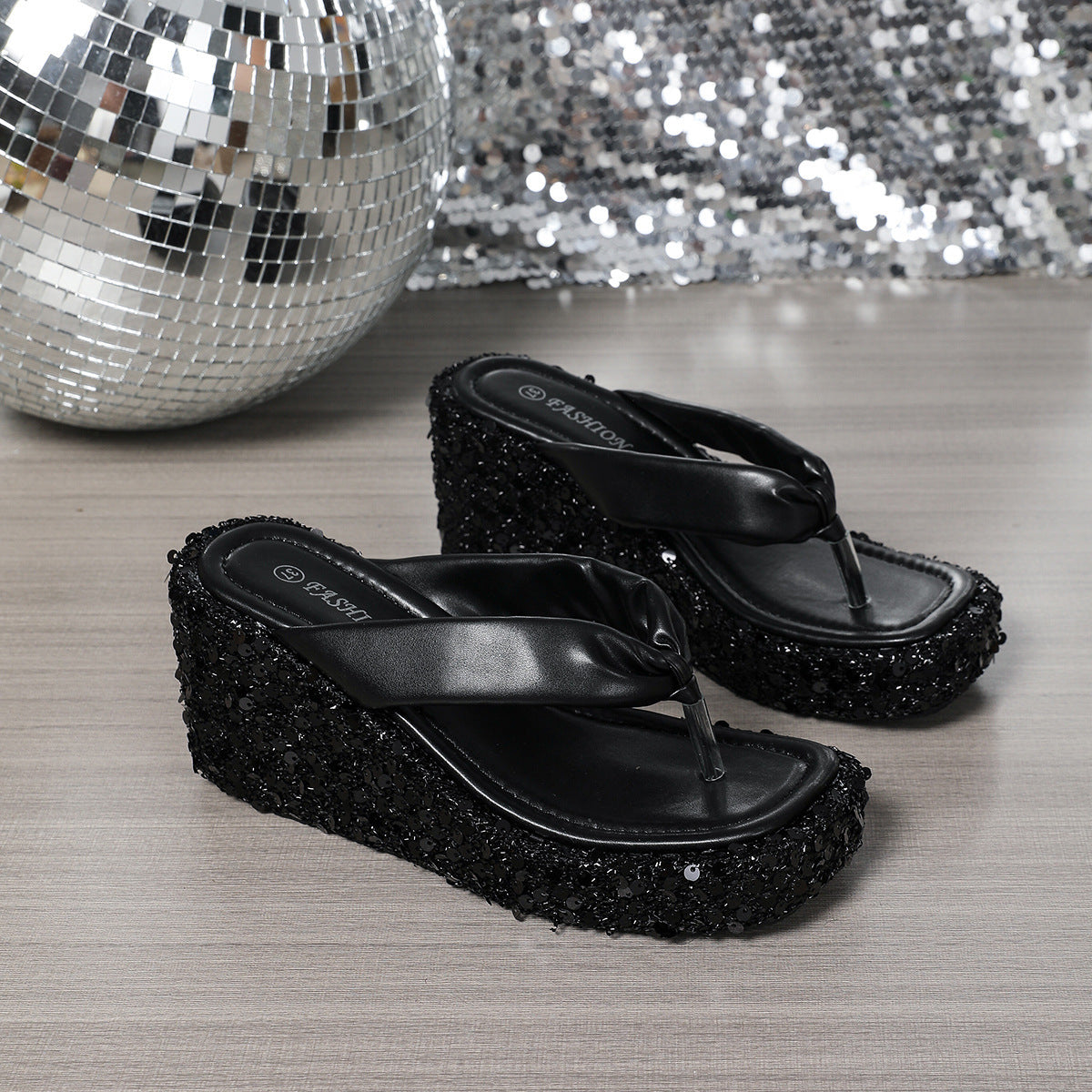 Platform Sandals Wedge Height Increasing High Heels Beach Sequined Shiny Women's Thick Bottom Summer Small Flip Flops
