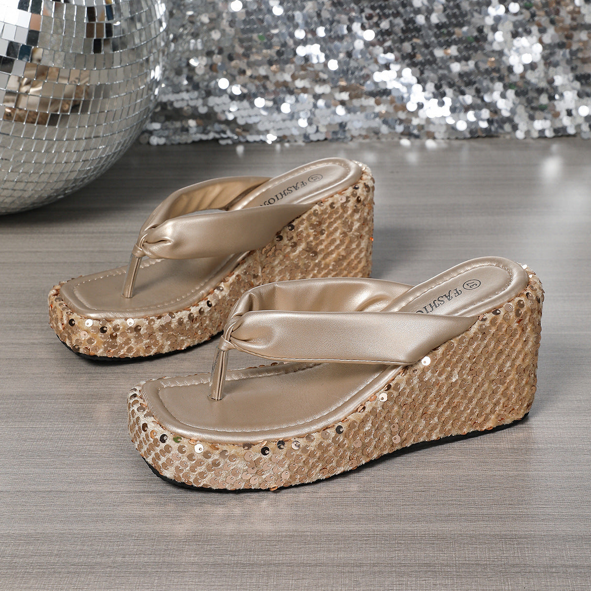 Platform Sandals Wedge Height Increasing High Heels Beach Sequined Shiny Women's Thick Bottom Summer Small Flip Flops