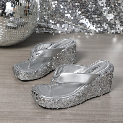 Platform Sandals Wedge Height Increasing High Heels Beach Sequined Shiny Women's Thick Bottom Summer Small Flip Flops
