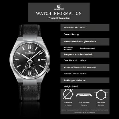 Stainless Steel Quartz Watch Waterproof Calendar Luminous Men